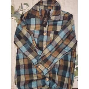 Papillon Flannel Plaid Button Down Shacket in Blue & Brown